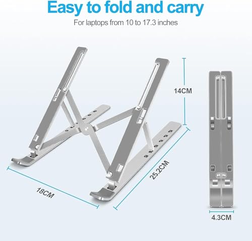 Image of Portable Aluminium Alloy Laptop Stand, Foldable with 6 Adjustable Angles, Non-Slip Silicone, Ergonomic Design, Silver, with Storage Bag