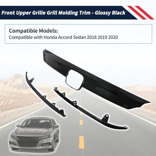 Promrmr 71122-TVA-A01 Front Upper Grille Grill Molding Trim 3-Piece Set Compatible with Honda Accord Sedan 2018 2019 2020 (Center+Left ＆ Right Sides) - Glossy Black by Promrmr - Used condition - Image 2