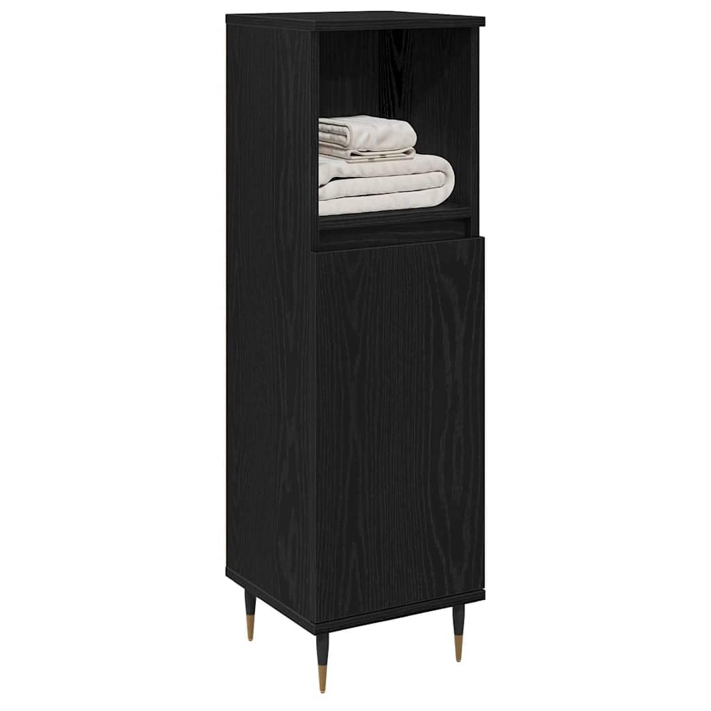 Badezimmerschrank mit Tür Schwarz Eichen-Optik, Badschrank 30 x 30 x 100 cm, schmaler Badunterschrank aus Holzwerkstoff, platzsparende Badkommode mit 3 Ablagen für Badzubehör