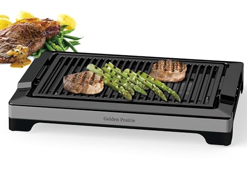 Golden Prairie Electric Indoor Grill, 1600W Smokeless Style BBQ Grill with Water-Filled Drip Tray, 15-Inch Nonstick Grate for Steaks & Korean BBQ, Rapid Heating for Searing