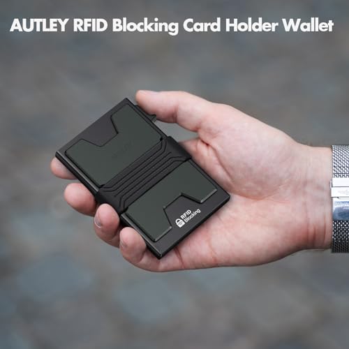 AUTLEY Smukły portfel na karty dla mężczyzn | Aluminiowe etui na karty Pop Up z paskiem na gotówkę - blokada RFID, miejsce na 12+ kart (czarne), czarny przycisk - A, minimalistyczny