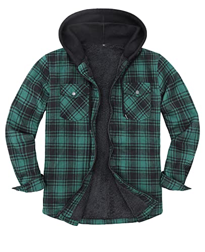 ZENTHACE Mens Sherpa Fleece Lined Full Zip Up Hooded Flannel Jacket,Plaid Flannel Hoodie Shirt Jacket Green S