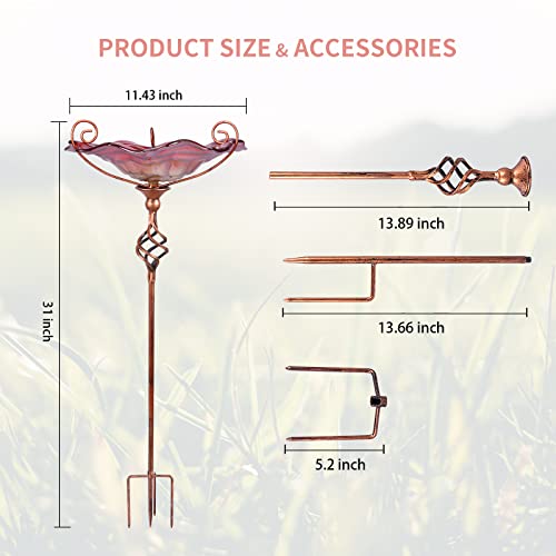 Vcuteka Bird Bath, Glass Bird Baths For Outdoors Birdfeeder With Metal Stake Birdbath Garden Decor, 31 Inch Height Red #TOP3