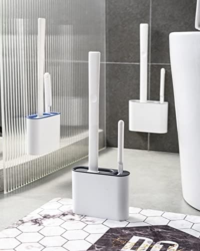Toilet Brush and Holder Set, VIAFOIA Flexible Deep-Cleaning Toilet Brush with Ventilation Slots Base, Floor Standing & Wall Mounted Compact Size Toilet Scrubber Brushes Without Drilling For Bathroom