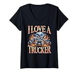 Damen Ich Liebe Einen Trucker LKW Fahrer Big Rig Flammen T-Shirt mit V-Ausschnitt