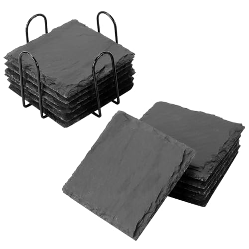 MOUYAT 12 PCS Slate Coasters 4 Inch Square Black Coasters with Holder Stone Drink Coaster for Coffee Bar Kitchen Home Decor DIY