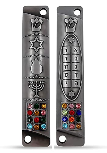 Set of 2 Pewter Mezuzah Case with Scroll for Door Jewish Symbols Star of David Menorah Ten Commandments 12 Tribes of Israel Mezuzah Set Judaica Gift 10 cm / 4 inch