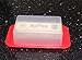Standard Butter Dish with Red Base and Smoked Clear Lid, BPA-Free, Durable Plastic, Keeps Butter Fresh, Fridge and Freezer Safe, Dishwasher Safe