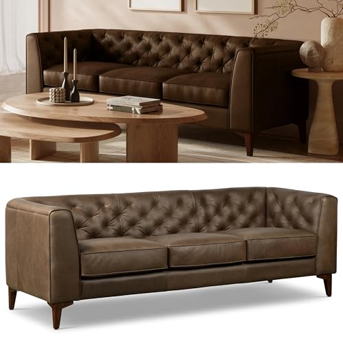 POLY & BARK Essex 89” Full-Grain Italian Leather Sofa – Tufted Back, Feather-Down Comfort, Solid Wood Frame, Cocoa Brown