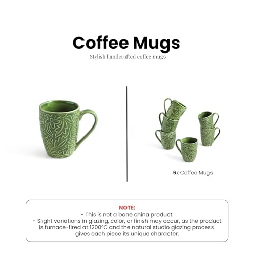 Image of ExclusiveLane 'Green Flora' Ceramic Coffee Mugs Set of 6 (Set of 6, 290 ml, Microwave and Dishwasher Safe, Hand-Embossed) | Ceramic Coffee Mug Coffee Cup Set of 6 Tea Mugs Set Tea Cups Ceramic Mugs