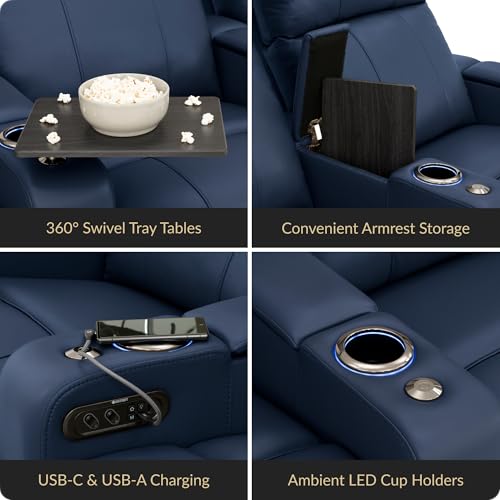 Image of Seatcraft Monterey Home Theater Seating Navy Blue Row of 4 | Italian Leather, Wall Hugger, Zero Gravity, Powered Headrest, Power Recline, Zero Gap, USB charging