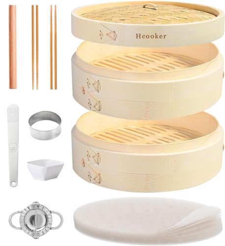 Hcooker Bamboo Steamer Basket Set, 12-Inch 2-Tier Steamer for Cooking, Chopsticks Liners Sauce Dish Dumpling Making Tools, Steaming Asian Food, Bao Buns, Meat, Dim Sum, Rice, Vegetable Steam Pot