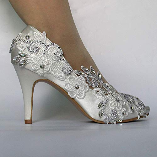 Handmade satin high heel shoes Lace shoes for woman Wedding shoes Bride High heels Open toe pearl Pumps fashion shoes Bride dress shoe Large2
