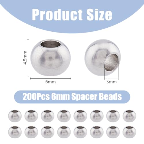 DICOSMETIC 200Pcs Round Spacer Beads 6mm Ball Beads Stainless Steel Rondelle Beads Smooth Seamless Beads Large Hole European Beads Loose Beads for Jewelry Making DIY Craft Hole: 2mm - Image 2