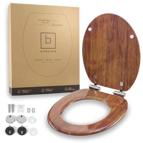 Benkstein® Abattant de WC avec système d'abaissement automatique en bois flotté foncé - Abattant de WC antibactérien - Quick Release pour un nettoyage facile -...