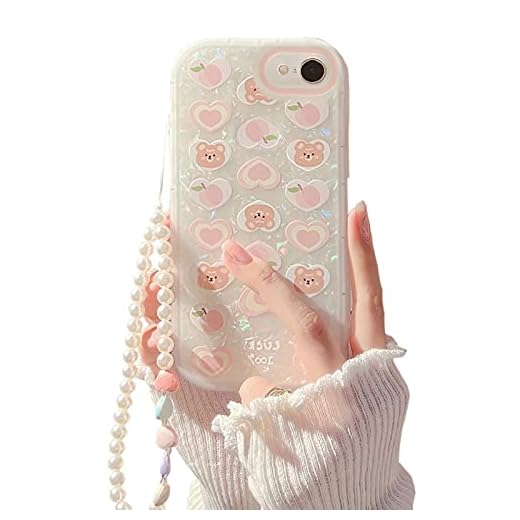 Fycyko Compatible with iPhone 7/8/SE Case with Phone Charm Chain, Cute Bear Love Heart Pattern with Pearl Bracelet Sparkly Phone Case Camera Protection