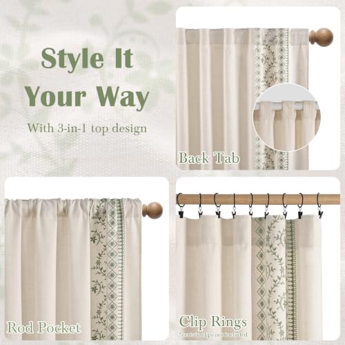 Image of Yinhua Boho Curtains for Living Room 84 Inch Long Sage Green Embroidered Floral Bedroom Curtains, Farmhouse Light Filtering Window Curtain Rod Pocket & Back Tab Drapes, 52 inch W x 84 inch L, 2 Panels