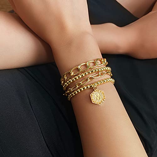 Gold Initial A Bracelets Stackable Bead Bracelet Set Layered 14K Gold Plated Stretch Letter Initial Bracelets Gold Chain Bangles Paperclip Link Charms Bracelet #TOP3