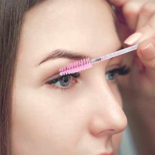 Foto von 100 Stücke Einweg Wimpernbürsten mit Behälter, Augenbrauenbürstchen für Wimperntusche Wimpernverlängerung (Rosa)