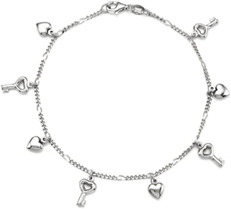Finejewelers 10 Inches 4 Keys and 4 Hearts Ankle Bracelet Sterling Silver