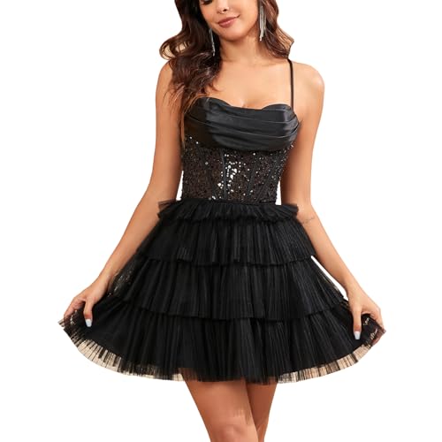 WIOJEIGO Short A-Line Tulle Homecoming Dresses for Women 2024 Spaghetti Straps with Sequins Prom Party Dress