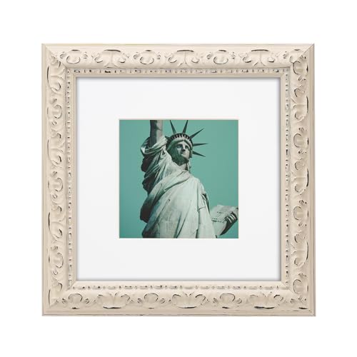 WYNCO 8x8 inch Distressed Wood Embossed Scroll Motif Vintage Antique Rustic Picture Frame, White Mat for 5x5 in Photo, Art Print Drawing, Wall Hanging or Desktop Display-Washed White