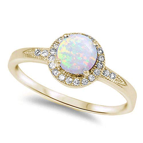 1.25ct Halo Set Solitaire Cubic Zirconia & Simulated Gemstone Promise Engagement Ring .925 Sterling Silver Ring Sizes 3-12 Colors (Yellow Gold Plated White Opal, 7)