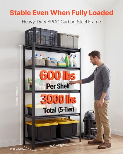 Image of VEVOR Storage Shelves, 5-Tier Adjustable, 3000 lbs Capacity, Heavy Duty Garage Storage Shelving Unit, Metal Utility Rack Shelf, for Garage Warehouse Basement Kitchen, 36.42 inch W x 16.42 inch D x 71.38 inch H