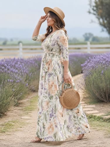 Image of SUZONANA Plus Size Dresses for Women Floral Print Maxi Dress Flowy 3 /4 Sleeve with Belt