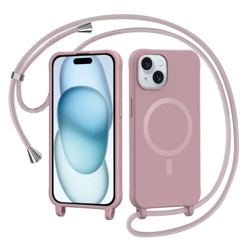 AOMYKE Handyband für iPhone 15 6.1 Zoll Hülle mit Band Magnetisch Handyhülle kompatibel mit Magsafe zum Umhängen Schutzhülle mit Kette Kordel Weich TPU Liquid Silikon CasePink