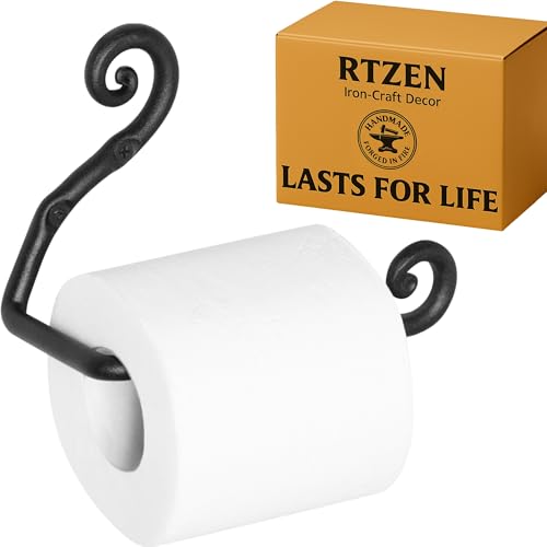 RTZEN Bathroom Toilet Paper Holder - Handcrafted Rustic Wrought Iron Wall Decor Toilet Roll Holder - Black Matte Wall Mount Bar for Modern Farmhouse Bathroom Decor