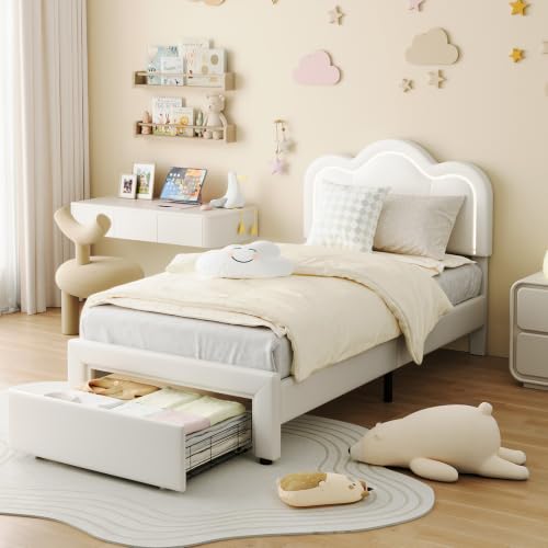 Garvee Twin Bed Frame with LED Upholstered Headboard and Storage Drawer, Kids Princess Velvet Platform Bed with Wooden Slats, No Box Spring Needed, Easy Assembly - image 1