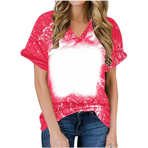 Gym Shirts Woman Womens Bleached Sublimation Blank Shirts Short Sleeve Graphic Tees Tops Casual Polyester Tshirt Cute Items Clothes Summer tee Shirts for Women Watermelon Red S