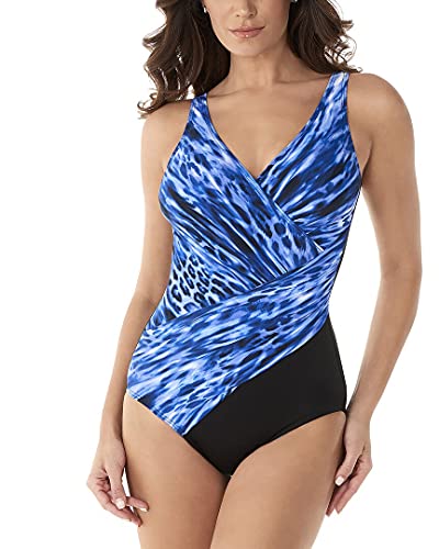Miraclesuit Women's Swimwear Lynx Lazuli Oceanus Wrap Style V-Neckline Tummy Control One Piece Swimsuit, Delphine, 10