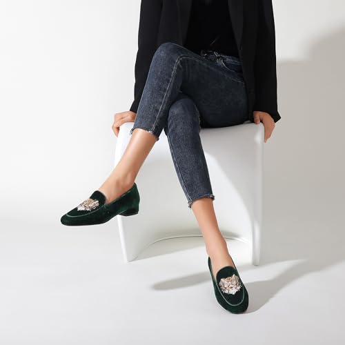Image of Embroidered Loafers for Women Round Toe Chunky Heel Velvet Flats with Lion Head Pattern Wide Width Dress Casual Shoes