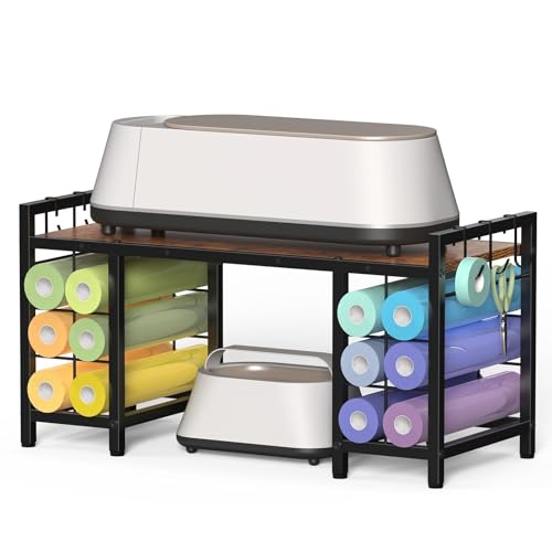 LIANTRAL Mesa de Almacenamiento con 12 Soportes para Rollos de Vinilo, Estante de Almacenamiento para Manualidades, marrón y Negro