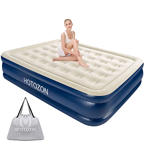 HOTOZON Air Mattress with Built-in Pump Queen Size, Blow Up Air Bed with Carry Bag, Inflatable Air Mattresses, Raised Elevated Double Luxury Airbed for Home Camping Travel Foldable & Portable, Blue