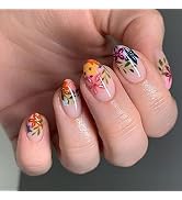 Short Almond Press on Nails, BettyCora Flowers Nails 24 False Fake with Nail Glue,Flowers