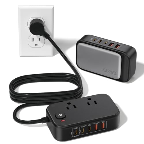 KWRNVO 5FT Travel Power Strip with USB Ports, 7-IN-1 Flat Extension Cord USB C Power Strip with 2500W AC Outlets, 3 USB-C Ports, 2 USB-A Ports Outlet Extender for Home/Office/Travel Essentials