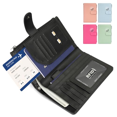 RFID Passport Holder for Women/Men Travel Gifts, Large Capacity Passport Wallet, Family Travel Documents Organizer with Card/Airtag Slots, Zipper coin pocket, Cash Holder Passport Cover Case (Black)