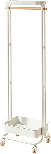 KARMIO Perchero con cesta de almacenamiento de ropa de metal con riel de madera para ropa perchero independiente sobre la rueda para dormitorio
