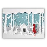 4 Stück im Set: Süße Weihnachtskarte in Papercut Optik (NICHT 3D) mit Rotkäppchen vor Winter Krippe • schönes Glückwunsch Karten Set mit Umschlägen zu Weihnachten, Neujahr, Silvester