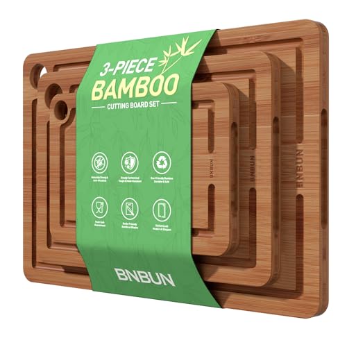 Image of Bamboo Cutting Board for Kitchen – 3-Piece Wooden Boards with Juice Grooves, Side Handles, Non-Slip Mats – Perfect for Meat, Veggies, Fruit – Ideal Kitchen Gift