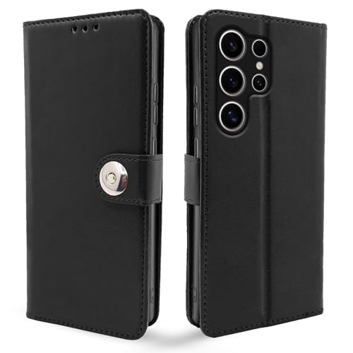 Image of Pikkme Samsung Galaxy S24 Ultra 5G Flip Cover Leather Finish | Inside TPU with Card Pockets | Wallet Stand and Shock Proof | Complete Protection Button Flip Case (Black)