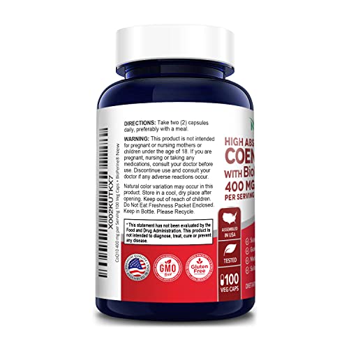 Nusapure Coq10 400Mg 100 Veggie Caps (Vegan, Non-Gmo & Gluten-Free) Coenzyme Q10 Supplement, Antioxidant Coq-10 Enzyme, Coq 10 - Serving Size 2 Daily Caps #TOP2