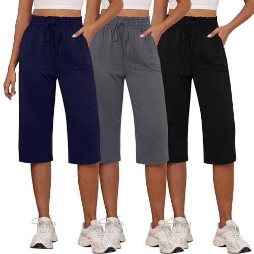 Neer 3 Pack Capri Pants for Women Cotton High Waisted Wide Leg Cropped Trousers Drawstring Ruffled Palazzo with Pockets