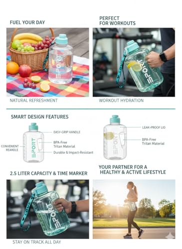 Image of 2.5 Liter Motivational Sports Gym Bottle Daily Water Intake with Time Markings BPA-Free. Leak Proof for Adults for Gym, Travel and Office Multi Color