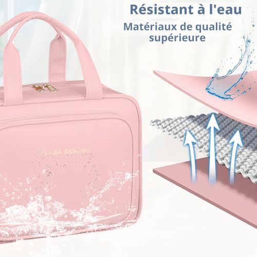 SYEXDZON Trousse de Toilette Pleine Taille, Grande Trousse de Maquillage à Ouverture Large, Trousse Cosmétique de Voyage avec Plusieurs Compartiments (Rose) – vue 5