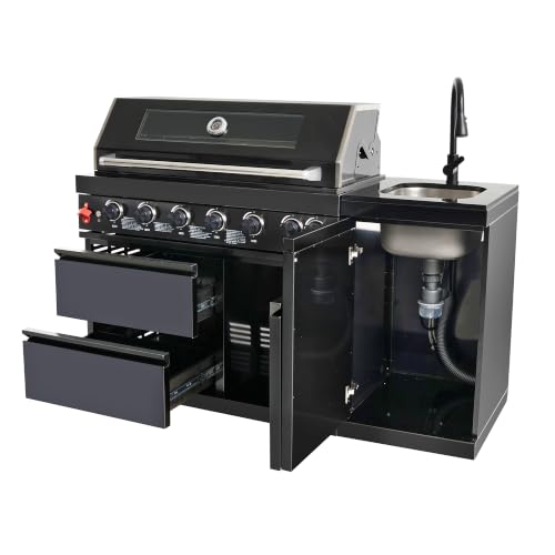63 Inch Outdoor Kitchen Island, 6-Burner 85000 BTU Propane Stainless Steel BBQ with Side/Rear Burners, With Sink, Rotisserie, Marble Countertops, Storage, For Backyard BBQ