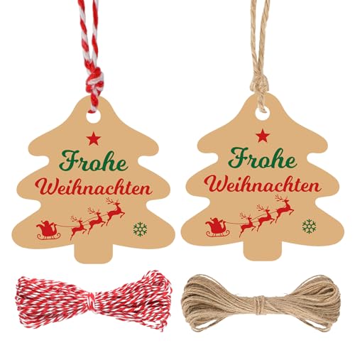 G2PLUS Weihnachtsbaum Geschenkanhänger mit Frohe Weihnachten: 6cm Papier Weihnachtsanhänger mit Schnur, 100 Stk Braun Weihnachtliche Etiketten für Geschenkverpackung, Weihnachtsdeko